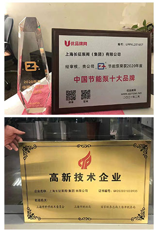中國節能泵十大品牌稱號與高新技術企業圖